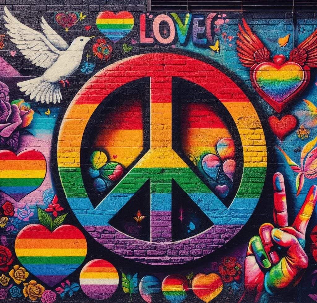 Colorful rainbow peace symbol with hearts, doves, butterflies, and a peace hand sign
