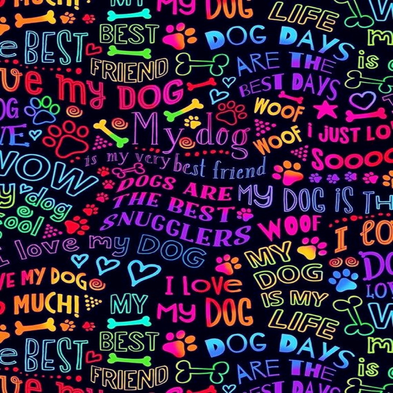 Colorful dog-related words with paw prints, hearts, and bones on a black background