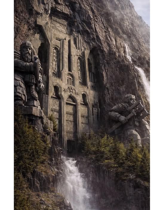 Ancient stone temple carved into cliff with waterfall flowing beneath surrounded by greenery