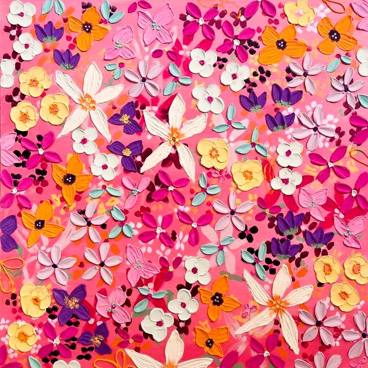 Colorful textured floral artwork with layered pink, orange, purple, and white flowers