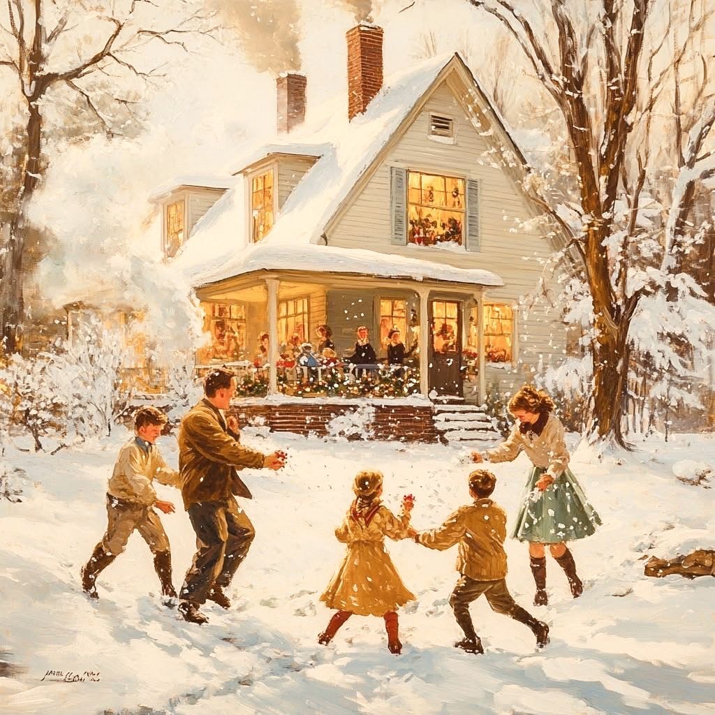 Children in vintage clothing playing in circle on snowy yard before illuminated two-story house at dusk