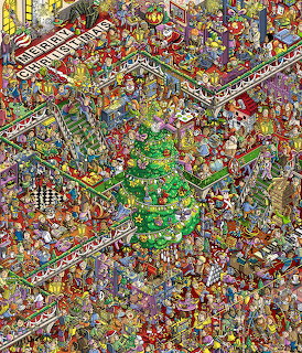 Overhead view of crowded cartoon shopping mall with Christmas tree and holiday shoppers