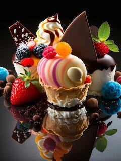 Colorful gourmet desserts with chocolate, berries, macarons and edible decorations arranged artistically