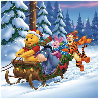 Winnie the Pooh characters riding a sleigh through snowy winter forest