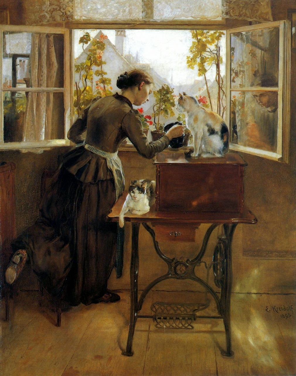 Victorian woman at a sewing machine by an open window with two cats, classic oil painting