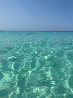 Clear turquoise ocean water with gentle ripples and a calm blue sky on the horizon