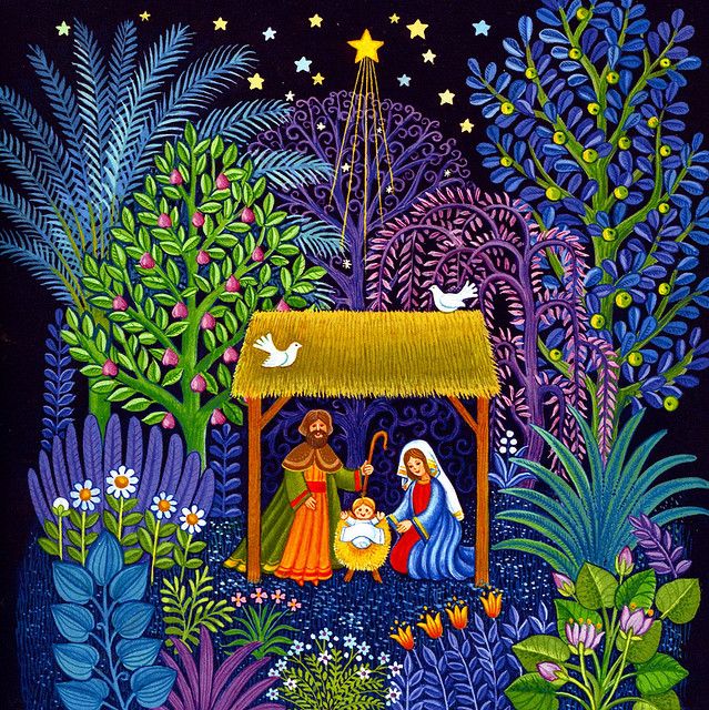 Folk art nativity with holy family in stable surrounded by colorful plants and stars