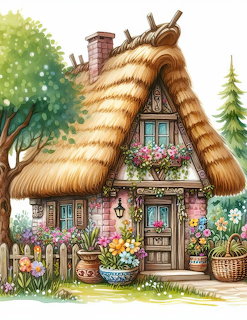 Whimsical cottage with oversized thatched roof and flower garden in illustrated fairytale style