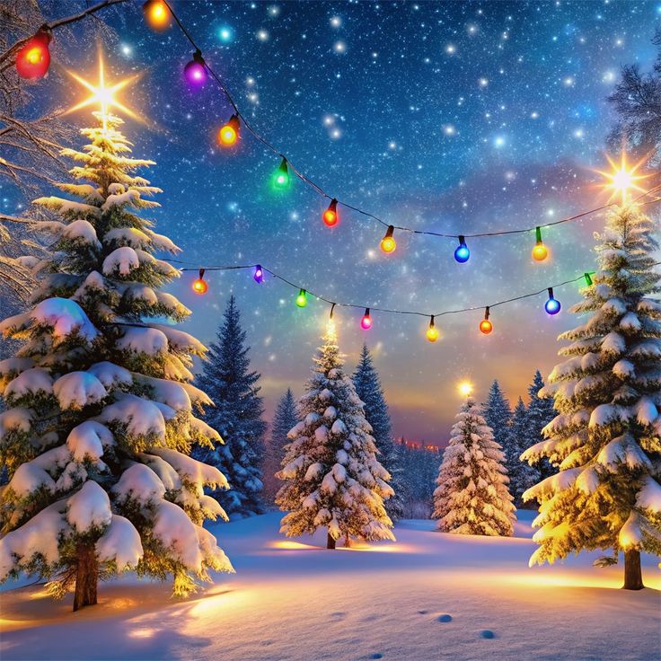 Snowy Christmas scene with glowing trees and colorful string lights under starry sky