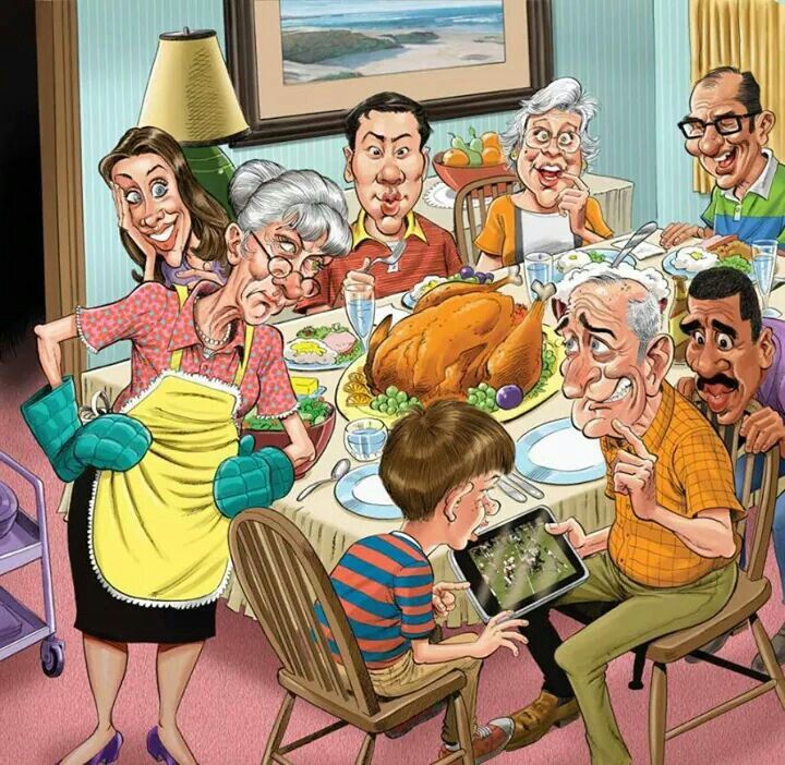 Cartoon family gathered around Thanksgiving dinner table with turkey and various dishes