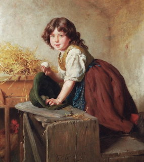 Young girl in white blouse and red skirt sitting with black cat on wooden crate, painted in classical style