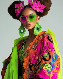 Woman wearing bright pink sunglasses, neon green earrings, flowers in hair, and colorful patterned jacket