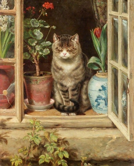 Painting of a tabby cat on a windowsill beside potted flowers and an open window