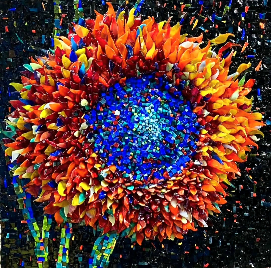 Colorful mosaic flower with orange petals and a bright blue center on a dark background