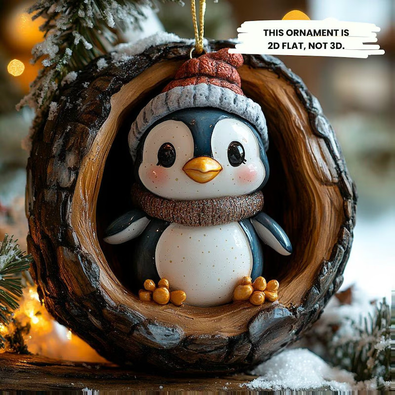 Cartoon penguin ornament in wood frame on Christmas tree with lights