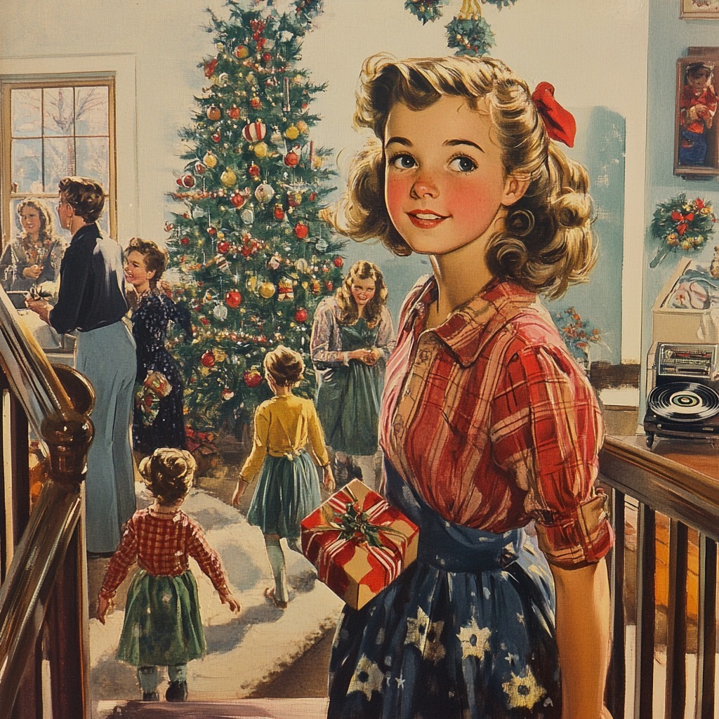 Retro 1950s illustration of woman with red bow in hair holding wrapped present beside Christmas tree with family