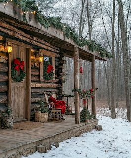 Christmas-decorated log cabin porch with wreaths, pine garland, red sled, and snow-covered ground in winter forest