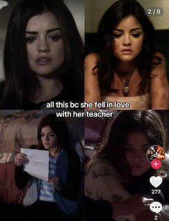 Collage of four dramatic scenes showing a dark-haired woman from Pretty Little Liars TV series