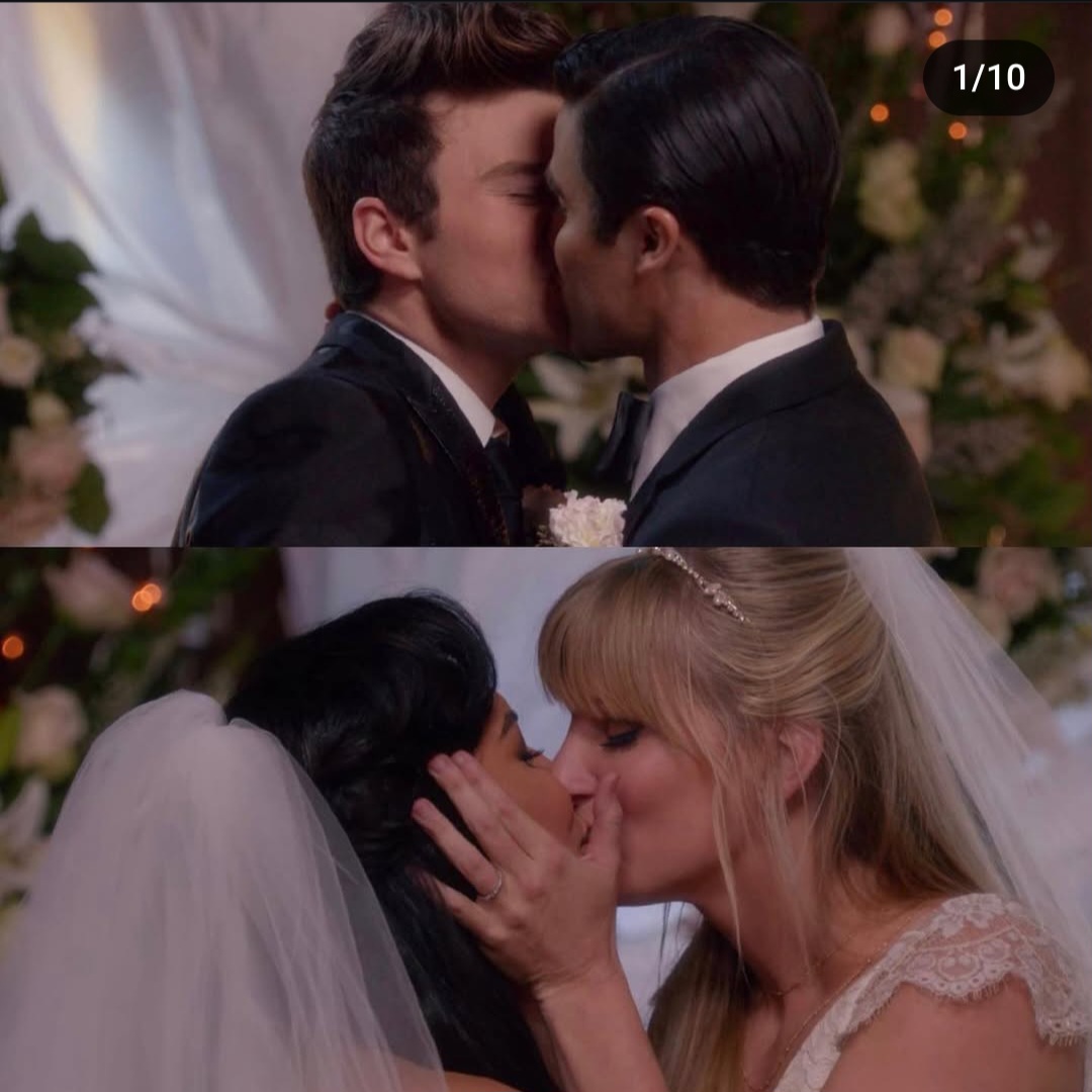 Split-screen collage of two couples kissing at wedding ceremonies
