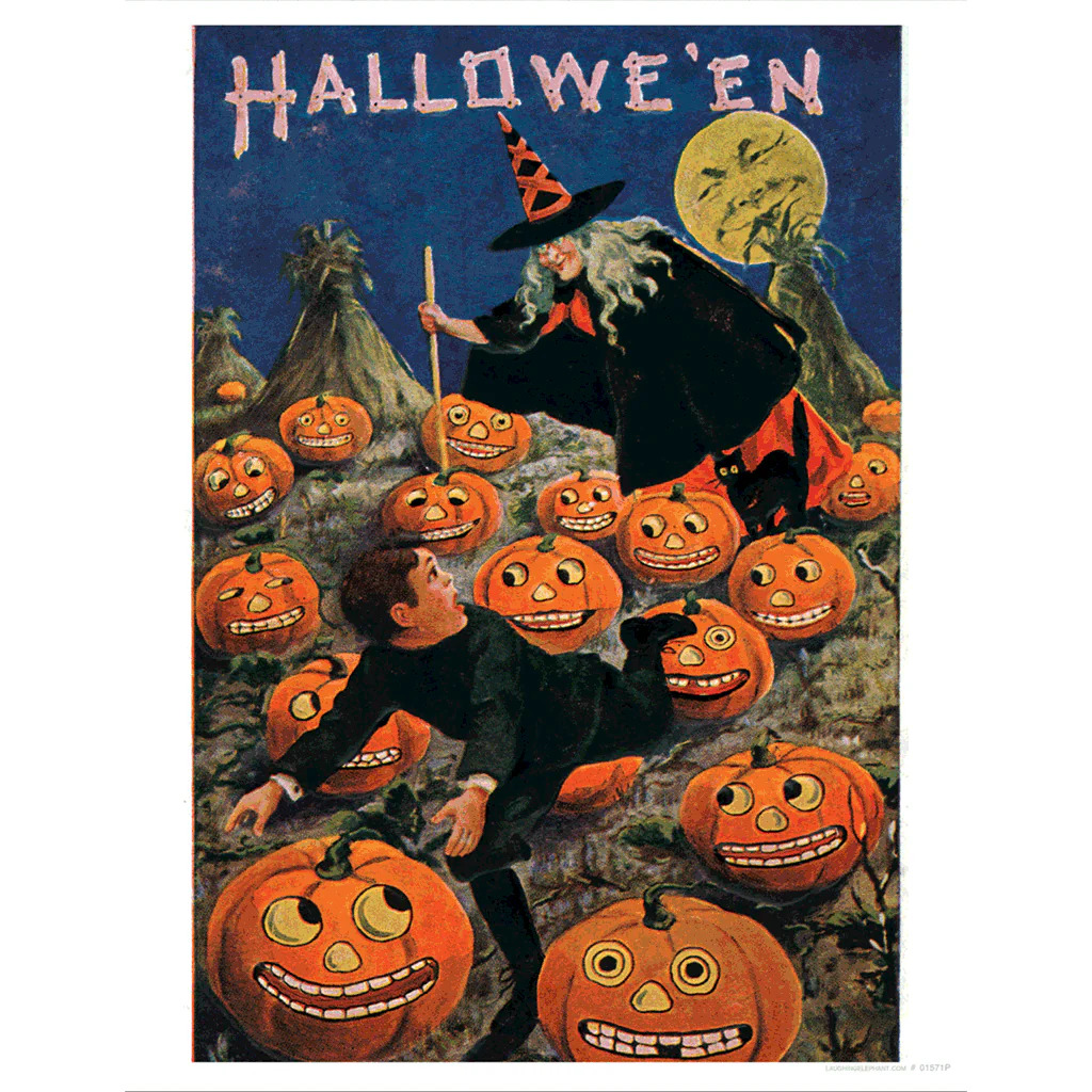 Vintage Halloween scene with witch, jack-o'-lanterns, full moon and bats