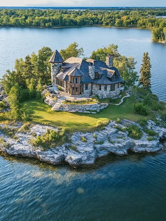 Aerial view of a large stone house on a small island surrounded by water and trees