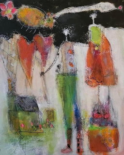 Abstract painting showing three stylized figures in colorful clothing against a dark background.