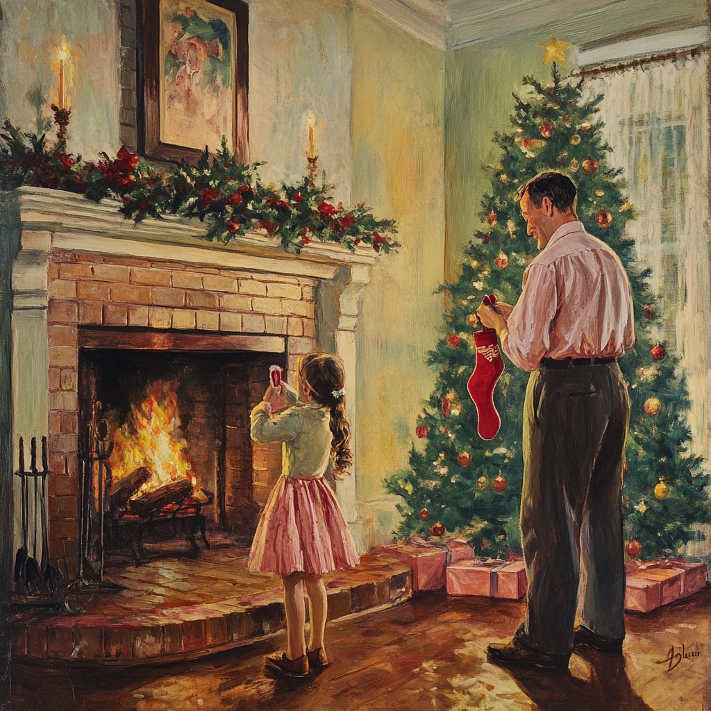 Father and daughter decorating Christmas tree beside fireplace in vintage-style painted interior scene