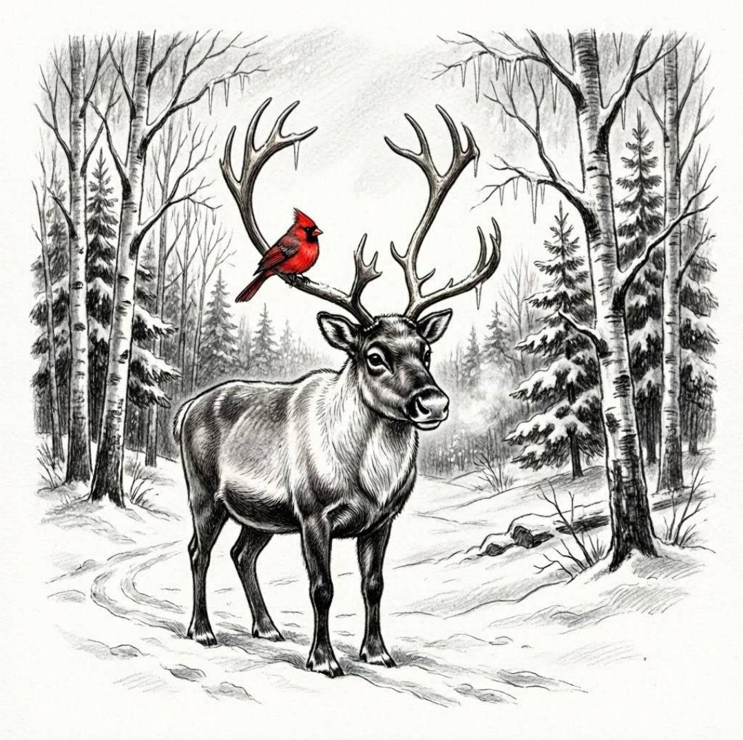 Reindeer with red cardinal on antlers in winter birch forest, black and white illustration with spot color