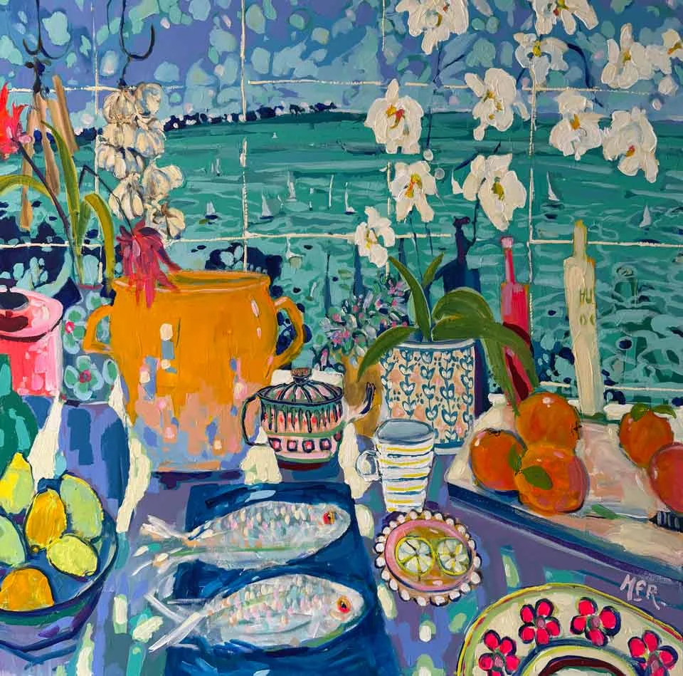 Vibrant still life painting showing table with vases, flowers, fruit bowls, and candles by a window overlooking turquoise water