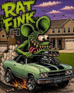 Rat Fink cartoon character driving a hot rod car