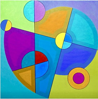 Colorful abstract geometric painting with circles, arcs, and angular shapes