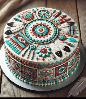 Decorated round birthday cake with feather motifs and colorful beadwork-style icing patterns