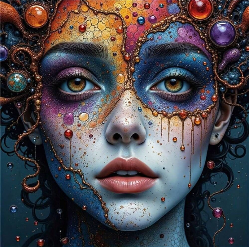 Woman's face with cosmic-themed makeup, colorful spheres and abstract celestial patterns in blue and orange