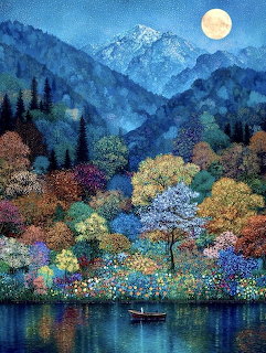 Colorful painting of a moonlit mountain lake with autumn trees and a small boat on the water.