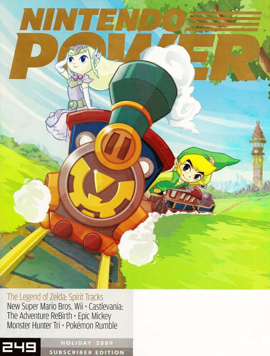 Nintendo Power magazine cover showing Link and Princess Zelda on a steam train from Spirit Tracks