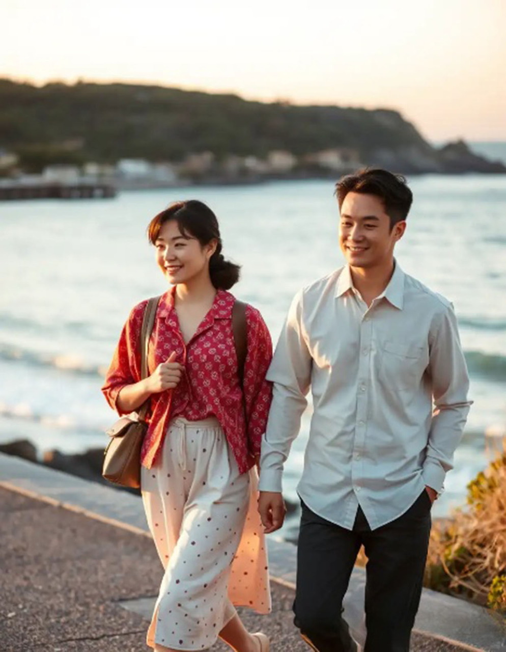 Young Asian couple walking along a seaside path at golden hour, smiling