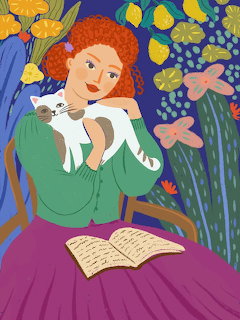 Illustrated red-haired woman holding a white cat among flowers with an open book