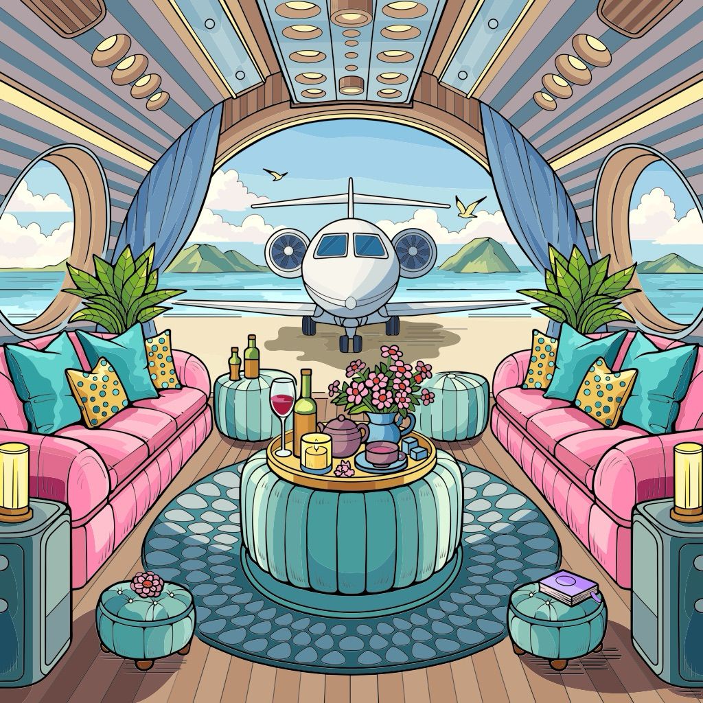 Colorful illustrated lounge with pink sofas and a private jet centered in the background