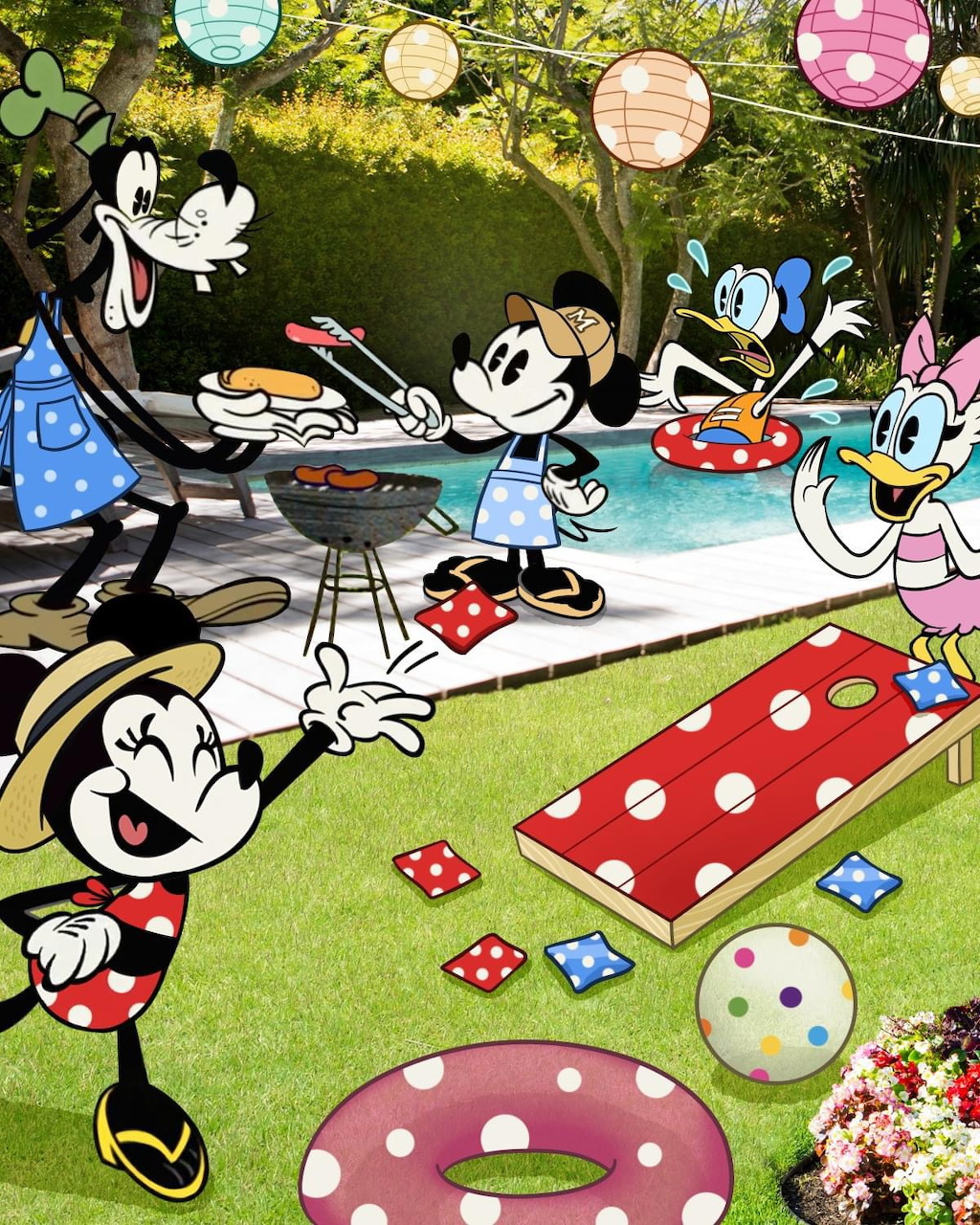 Disney characters at outdoor picnic with colorful lanterns and polka dot picnic blankets