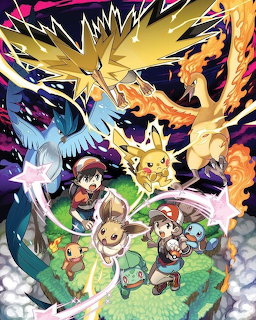 Colorful Pokemon artwork with Pikachu, Charizard, Eevee, Squirtle, Bulbasaur, Charmander, and legendary birds