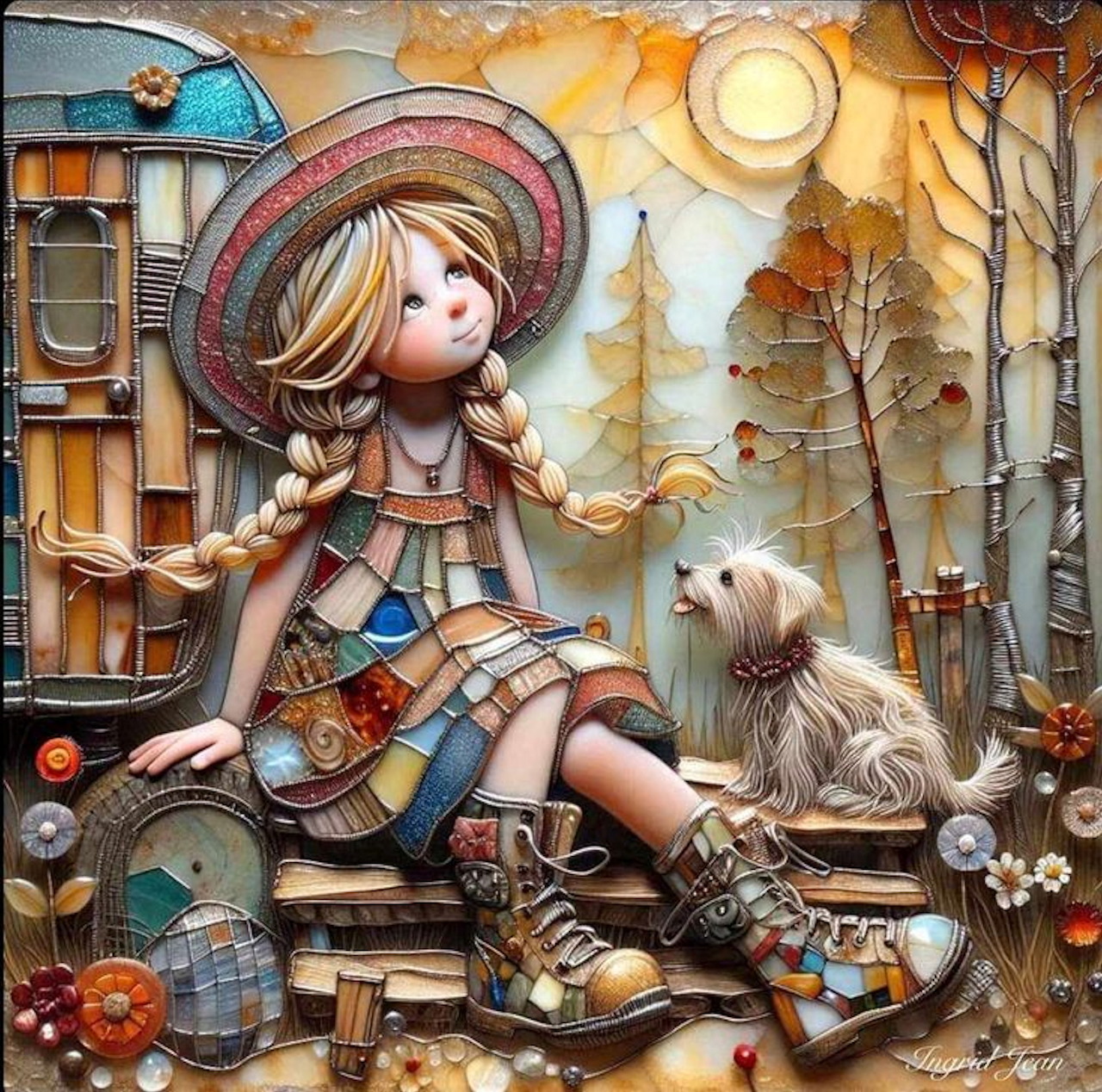 Illustrated girl in hat and plaid dress sitting with white dog among autumn leaves and vintage luggage
