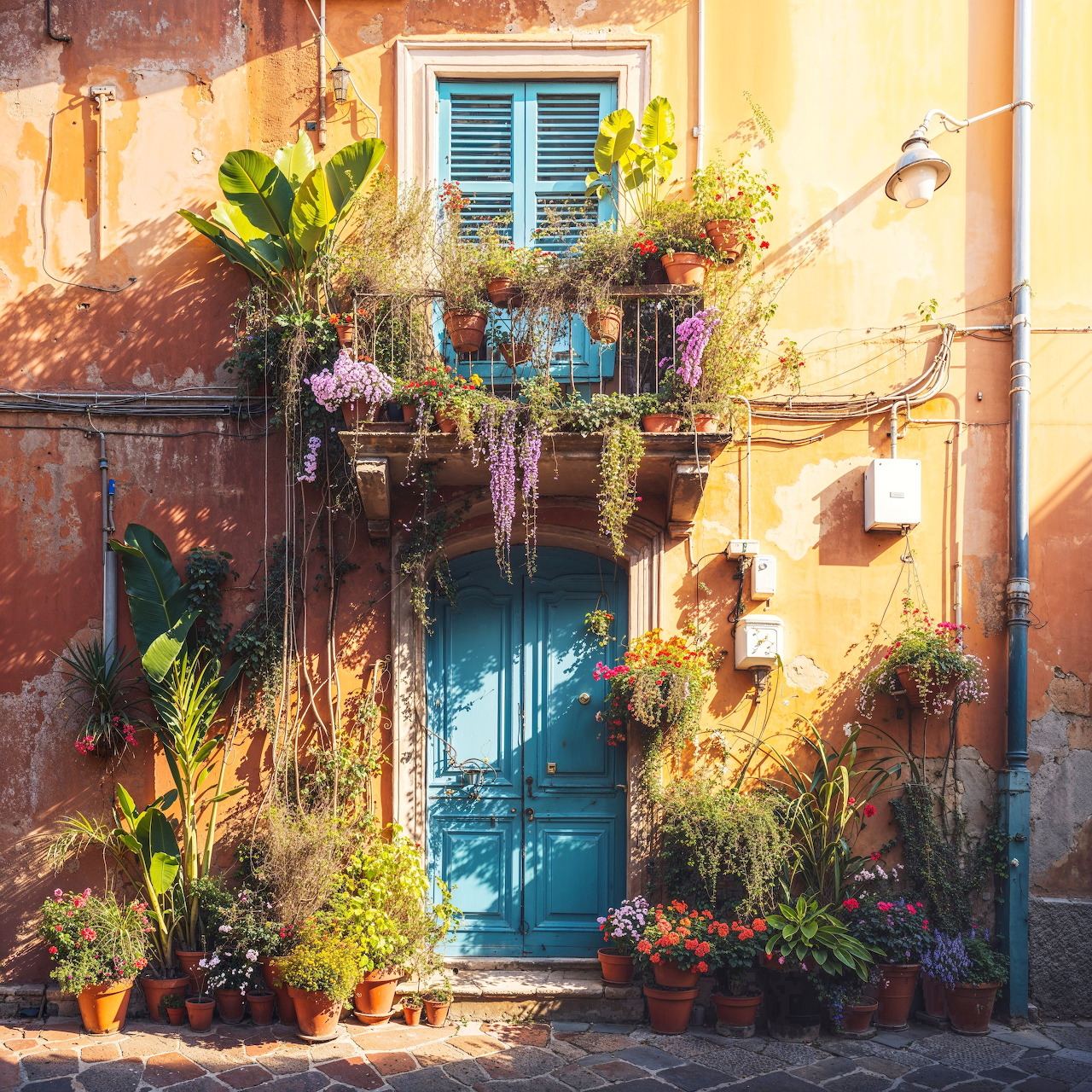 Rustic Mediterranean house with turquoise door, balcony with flowers, and potted plants in sunlight