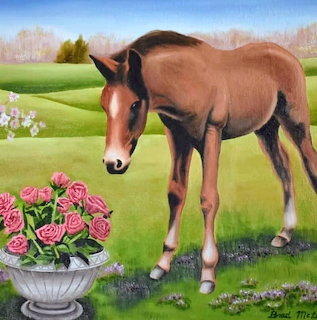 Painting of a young brown horse in a grassy field beside a planter filled with pink roses