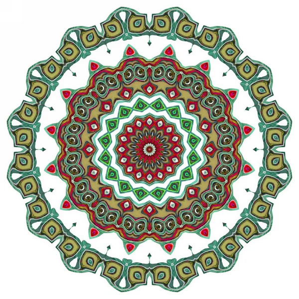 Intricate circular mandala pattern in red, green, gold, and black on a white background