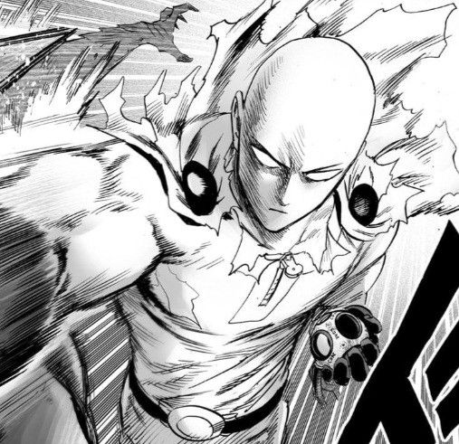 Manga drawing of bald superhero Saitama in dynamic fighting pose with speed lines