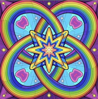 Colorful symmetrical mandala with rainbow rings, pink hearts, and gold star center on purple background