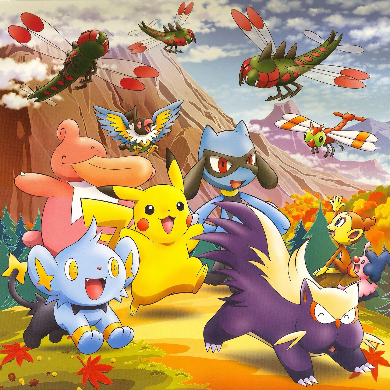 Group of Pokemon characters in autumn scene with Pikachu, legendary birds, and colorful fall foliage