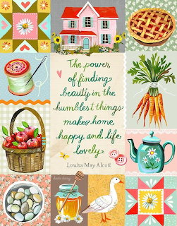 Illustrated collage with cottage, pie, carrots, gose, teapot, flowers, and inspirational quote about home