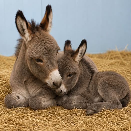 Adult donkey cuddling a foal while resting on straw