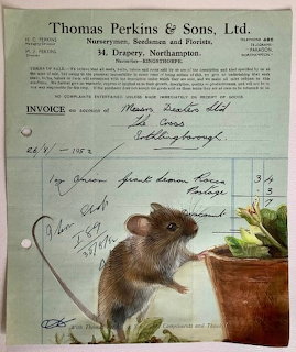 Illustration of a brown mouse on a flower pot painted over a vintage nursery invoice document